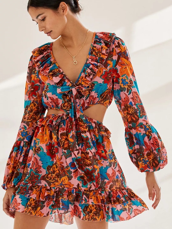 Love The Label Dresses & Skirts - Tie-Front Floral Cutout Mini Dress in Pink & Teal